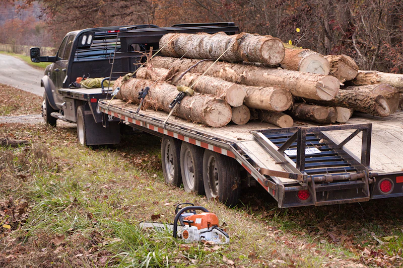 A flatbed trailer loaded with logs