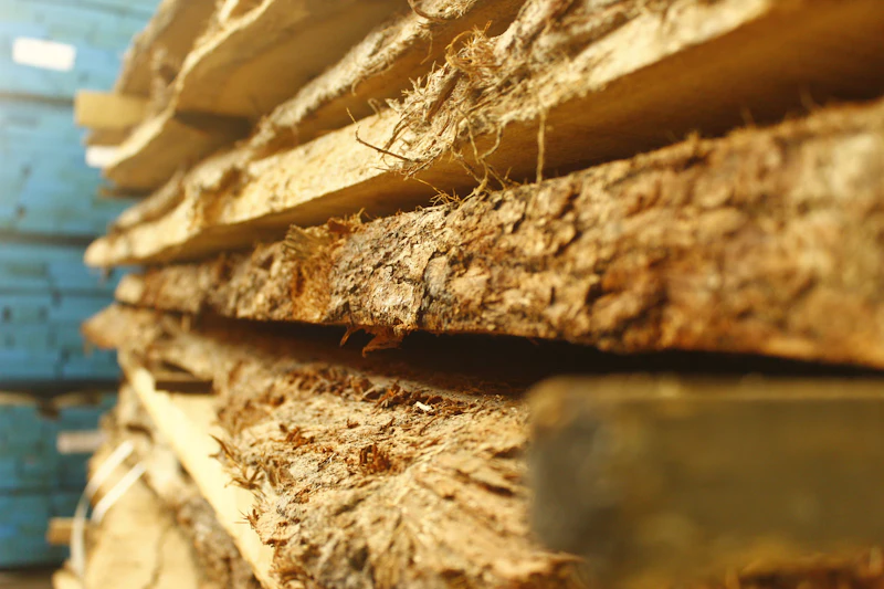 Rough-cut planks stacked for drying